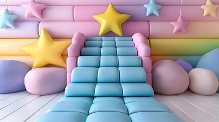 Pastel playground slide, star wall, soft shapes, product display