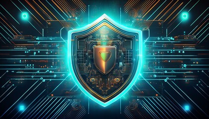 Fototapeta premium Shield blue energy. Digital IT security shield.