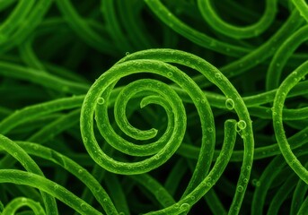 Close-up of vibrant green spirulina spirals with dew drops under microscope