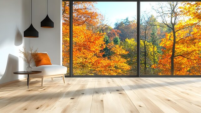Serene autumn ambience in modern open house interior with floor to ceiling windows overlooking vibrant fall foliage landscape