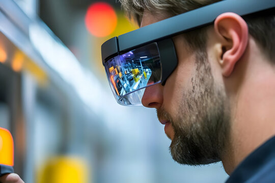 A focused man wearing augmented reality glasses in a modern environment.