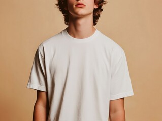 Person in Simple White Cotton T-Shirt Casual Fashion and Neutral Studio Backdrop Presentation