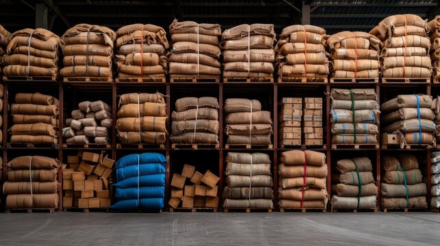 Warehouse Storage: A rows of stacked burlap sacks and cardboard boxes neatly organized on metal shelving inside a warehouse. This image evokes a sense of order and efficiency.