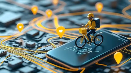 Smartphone displaying a GPS powered food delivery tracking feature with a moving delivery rider icon representing the real time location and status of the order