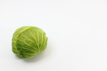 白い背景に浮かぶ緑のキャベツ、みずみずしさが際立つ