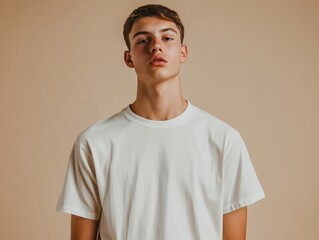 Portrait of a Confident Young Man in White T Shirt Looking Straight Ahead in Studio Setting