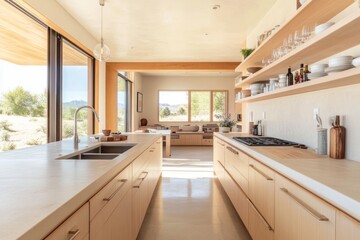 Modern kitchen, desert view, open plan, sunlight
