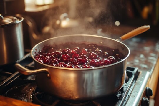 Steaming pot of cherries simmering on stove. Perfect for recipes, blogs, or food articles about homemade preserves.