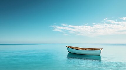 A Single Rowboat Anchored in a Tranquil Blue Sea