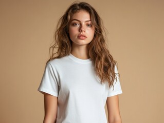 Fototapeta premium Portrait of a Young Brunette Woman in White T Shirt Against a Beige Background for Mockup Designs