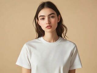 Fototapeta premium Portrait of a Young Woman in a White T Shirt with Brown Hair against a Neutral Background