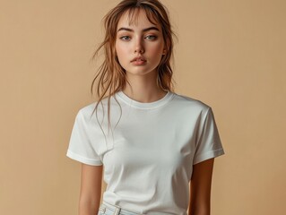 Obraz premium Portrait of Young Woman in White T Shirt with Bangs and Auburn Hair on Neutral Beige Backdrop