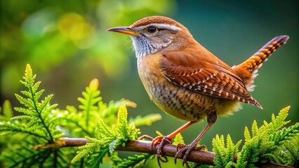 Fototapeta premium Captivating Side View of a Perched Wren Amidst Lush Greenery â€“ Nature Bird Photography, Wildlife, Avian Beauty, Detailed Feathers, Outdoor Scene, Colorful, Delicate Features, Serene Environment