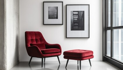 Crimson Velvet Armchair and Ottoman in Modern Interior