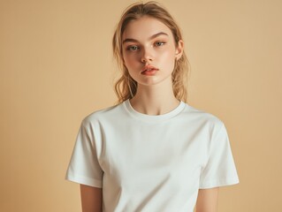 Obraz premium Serene Portrait of Young Woman in White T Shirt Minimalist Style Against Beige Studio Backdrop