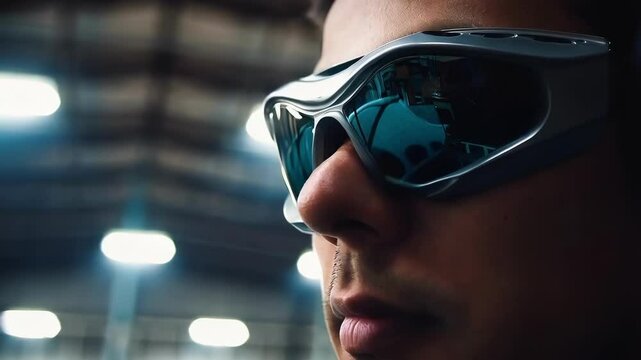 Engineer wearing advanced augmented reality glasses, standing in high tech factory environment, capturing cutting edge technological innovation and digital workplace interaction