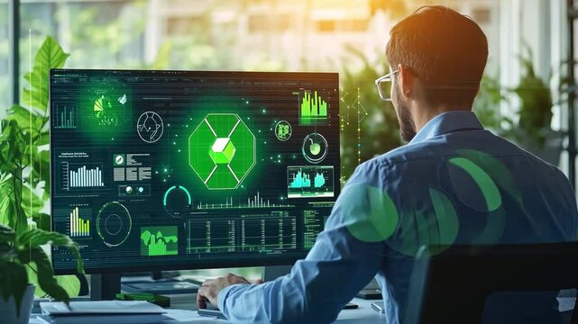 Data Driven Decisions: A businessman focused on a computer screen filled with green and blue data visualizations, signifying the powerful role of technology in modern decision-making.  