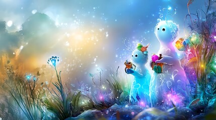 magical fantasy creatures in glowing forest - fantasy art