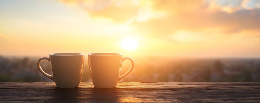 Warm sunlight shines on two coffee mugs on wooden table at sunset