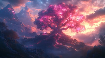 Naklejka premium Glowing Tree Fantasy Landscape Sunset Digital Art