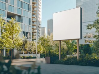 Obraz premium Square Billboard Advertisement on City Street With Modern Buildings and Lush Greenery Display Mockup