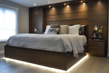 Modern bedroom with platform bed, wood paneling, and ambient lighting. Ideal for interior design, home decor, and real estate websites.