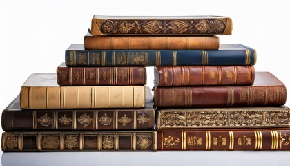 Stack of old books on a shelf. Stack of old historical books isolated on white background