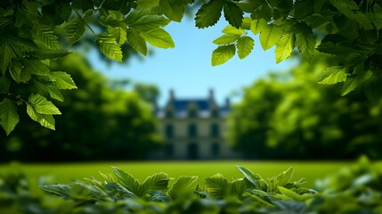 Obraz premium Green Leaves Frame Enclosing a Lush Garden and House