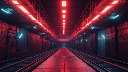 Fototapeta premium Neon-lit tunnel with train tracks, red and blue hues. Ideal for sci-fi, dystopian, or futuristic themes, evokes mystery and isolation.