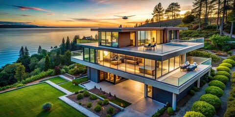 Fototapeta premium Contemporary Minimalist Home Design with Ocean View through Expansive Windows â€“ Drone Photography Capturing Serene Coastal Living and Modern Architecture