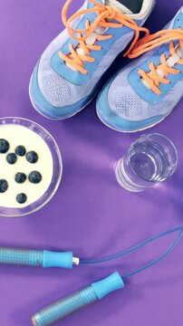 Shoes, banana, water glass, skipping rope and breakfast
