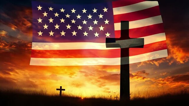 American Flag and Cross: A poignant and powerful image featuring the American flag waving proudly in the wind against a backdrop of a fiery sunset, with a wooden cross standing tall in the foreground.