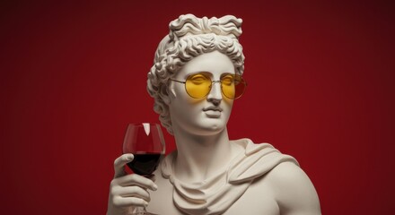 Classic white marble statue wearing yellow sunglasses holding wine glass against red background