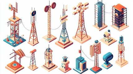 Illustrative representation of various telecommunications infrastructure in 3D.