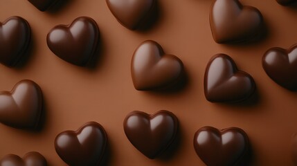 Fototapeta premium mocha brown heart-shaped objects scattered across the frame against a brown background, Generative AI