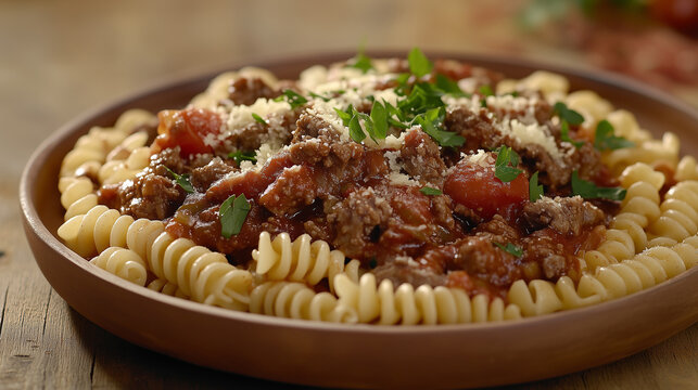 close-up of a plate of fusilli pasta in a chunky beef and tomato ragu on a rustic wooden table