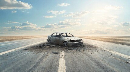 Transportation breakdowns from fuel shortages. Featuring a stranded vehicle on a highway