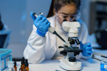Scientist using micropipette and microscope during medical research in laboratory