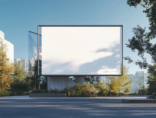 White Billboard Displaying Cloudy Sky Silhouette Over City Buildings and Lush Greenery Scenery