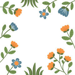 Botanical frame with yellow tulips, blue flowers, leaves and grass. Floral border. Vector plants illustration on transparent background.