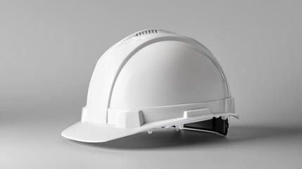 White hard hat on a smooth grey background symbolizing safety and engineering profession, representing occupational safety tools for engineers and construction workers.
