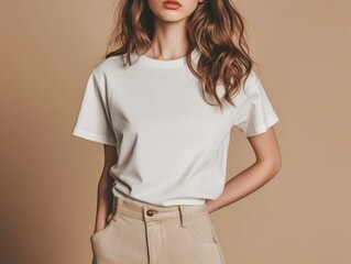 Woman with Neutral Expression Wearing a Simple White T Shirt and Khaki Trousers in Studio Shot