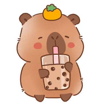 Cute capybara cartoon animal enjoying drink with cheerful expression