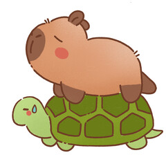 Cute capybara animal characters featuring capybara resting on turtle, showcasing playful and relaxed interaction