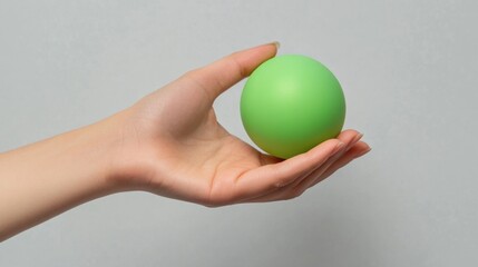 Female hand gently gripping a vibrant green rubber ball against a light gray background in a minimalistic studio setting.