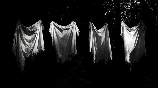 Eerie display of white cloths resembling ghosts hanging in a dark forest at night with dappled light creating a spooky Halloween atmosphere