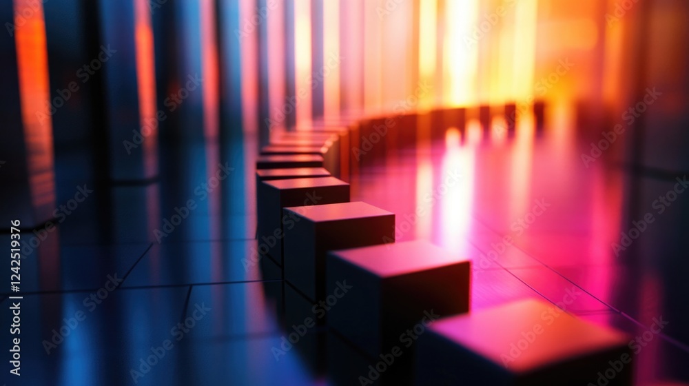 Poster colorful abstract representation of benchmark development with modern cubes in a dynamic environment