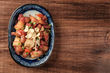 Crispy Fried Pork Belly with Garlic, Served on a Plate