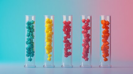 Fototapeta premium Colorful test tubes filled with various vibrant samples against a gradient background in shades of pink and blue, symbolizing scientific research and experimentation.