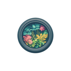 A circular decorative piece featuring vibrant, multicolored plants and flowers arranged artistically within a round frame.